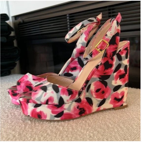 kate spade dellie garden rose print wedge sandal heels deep pink rose floral 6 - Picture 5 of 6